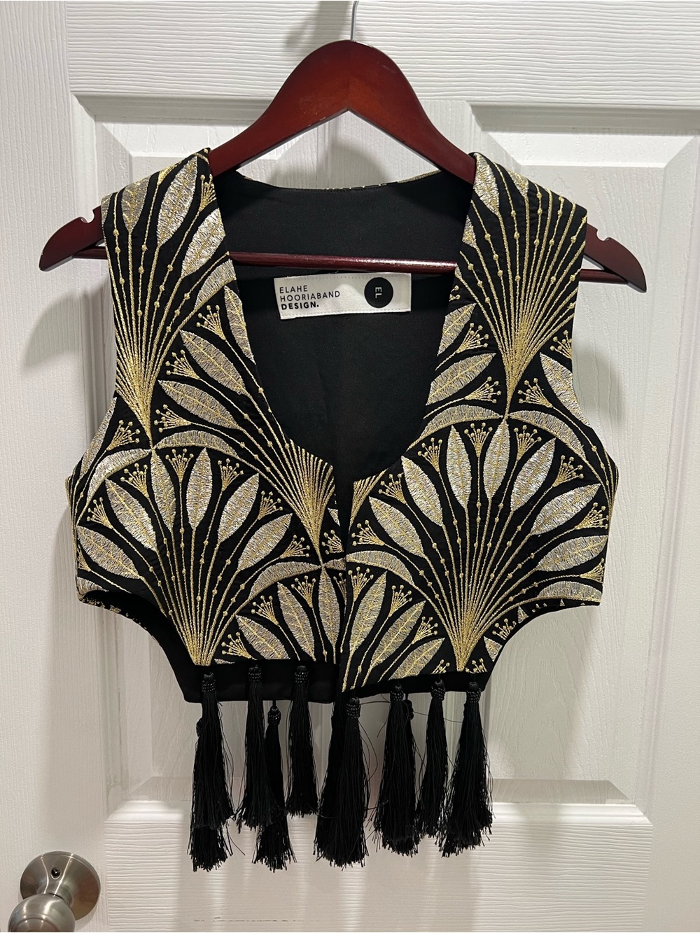Elahe Hoorband Black Crop Vest with Gold Fan Embroidery and Tassels